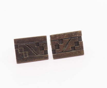 TAXCO 925 Silver  Vintage Carved Stairs Maze Motif Tribal Cuff Links  TR3450