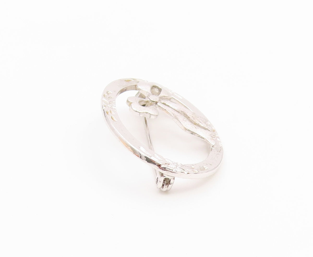 925 Silver  Vintage Dainty Engraved Flowers & Bow Tie Brooch Pin  BP9755