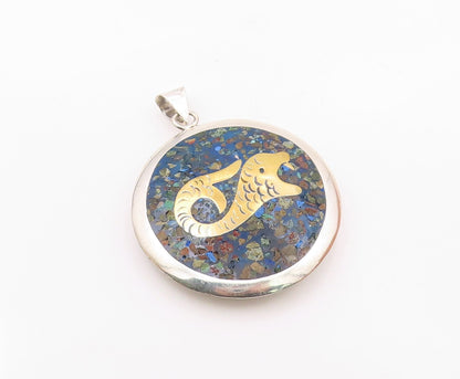 MEXICO 925 Silver  Vintage Crushed Jasper & Lapis Lazuli Sea Pendant  PT20265