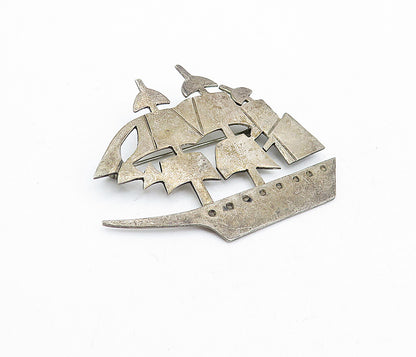 MEXICO 925 Sterling Silver  Vintage Dark Tone Ship Motif Brooch Pin  BP1817