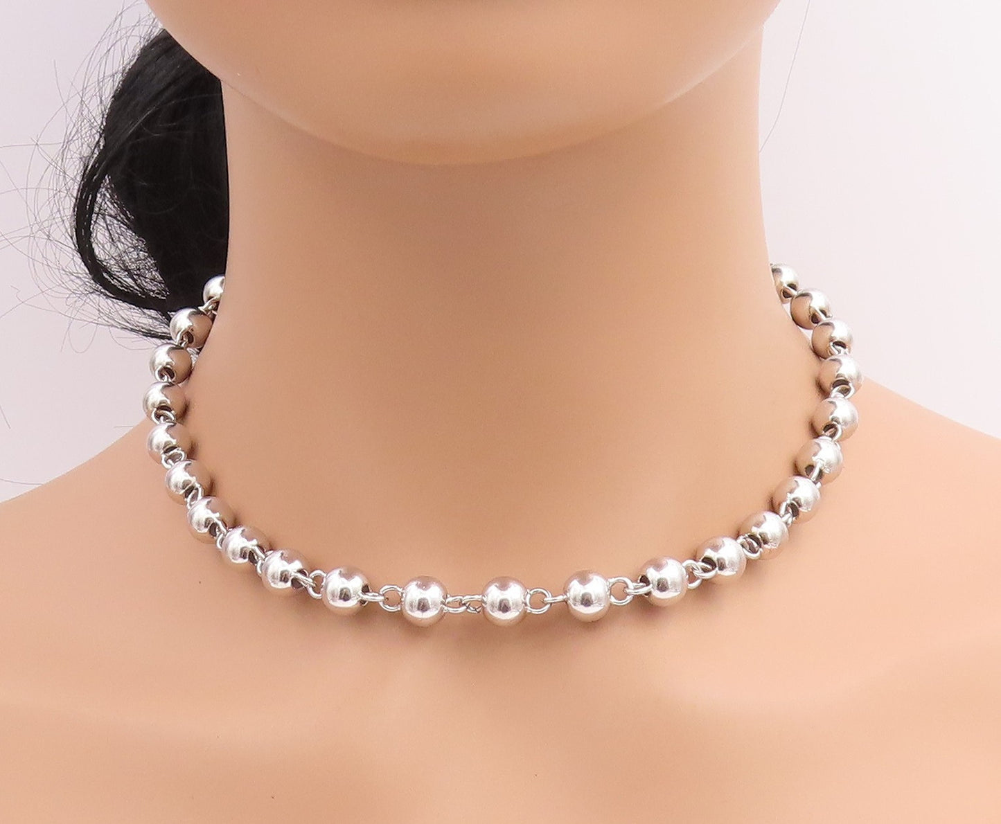 925 Sterling Silver Vintage Necklace Geometric Sphere Beaded Link Chain  NE4670