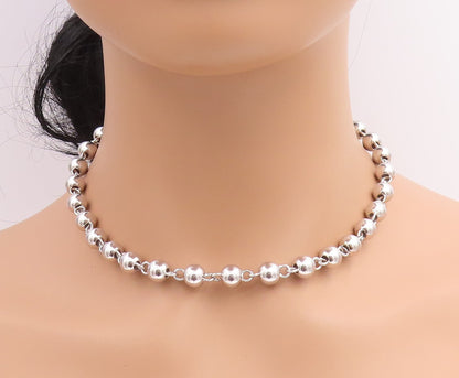 925 Sterling Silver Vintage Necklace Geometric Sphere Beaded Link Chain  NE4670