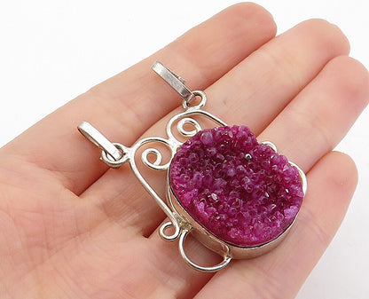 925 Sterling Silver  Vintage Druzy Magenta Agate Swirl Drop Pendant  PT3953