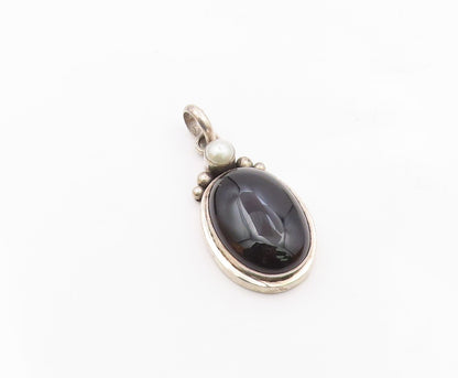 925 Sterling Silver  Vintage Black Onyx & Petite Pearl Drop Pendant  PT14279