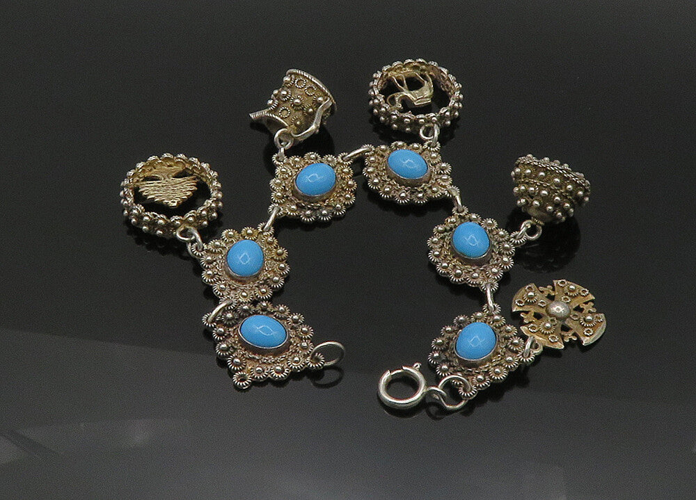 ISRAEL 925 Silver  Vintage Turquoise Floral Twist Cross Chain Bracelet  BT8650