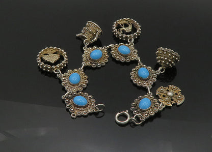 ISRAEL 925 Silver  Vintage Turquoise Floral Twist Cross Chain Bracelet  BT8650