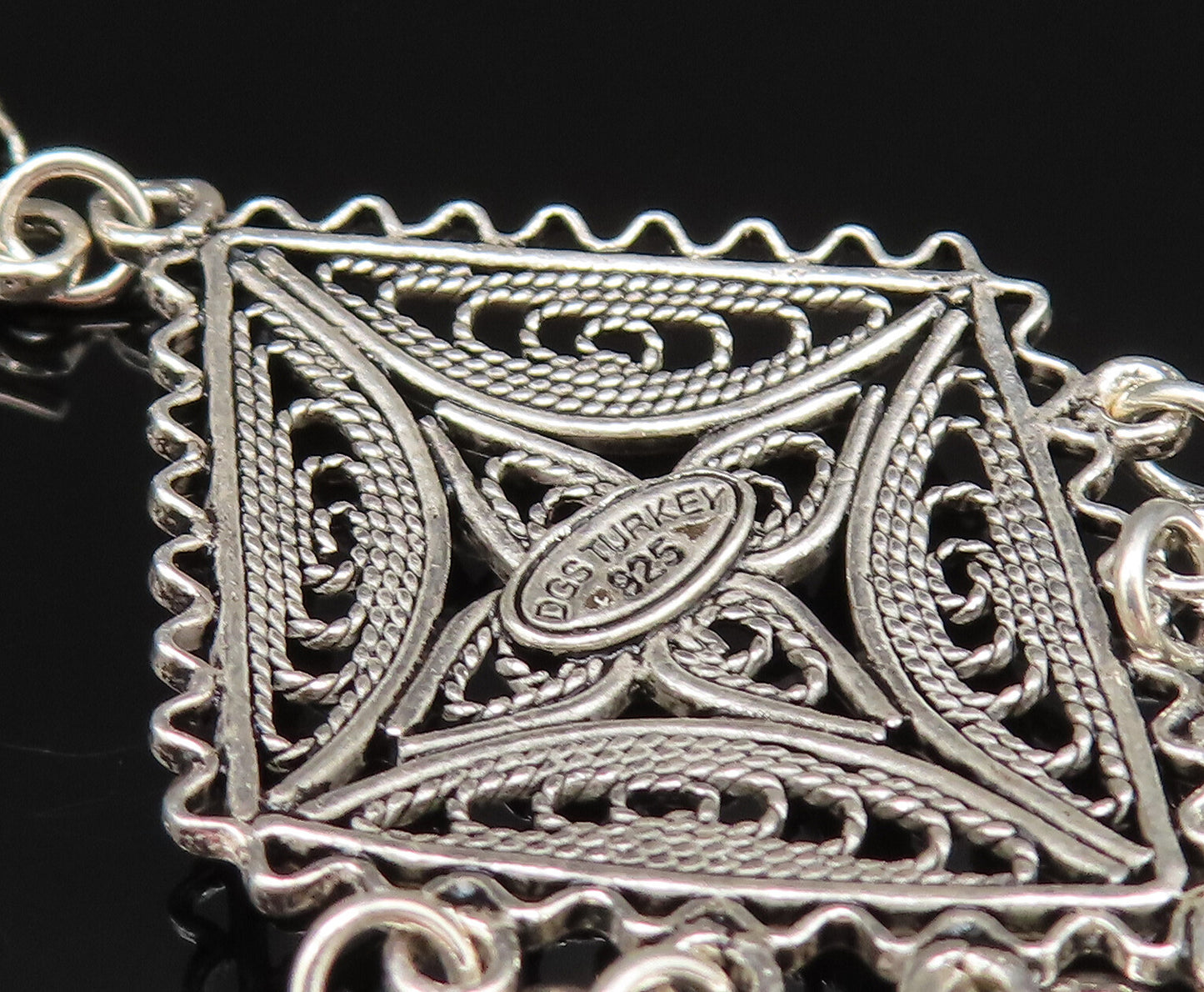 925 Silver  Vintage Wavy Border Beaded Diamond Shaped Dangle Earrings  EG11982