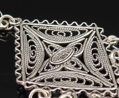 925 Silver  Vintage Wavy Border Beaded Diamond Shaped Dangle Earrings  EG11982