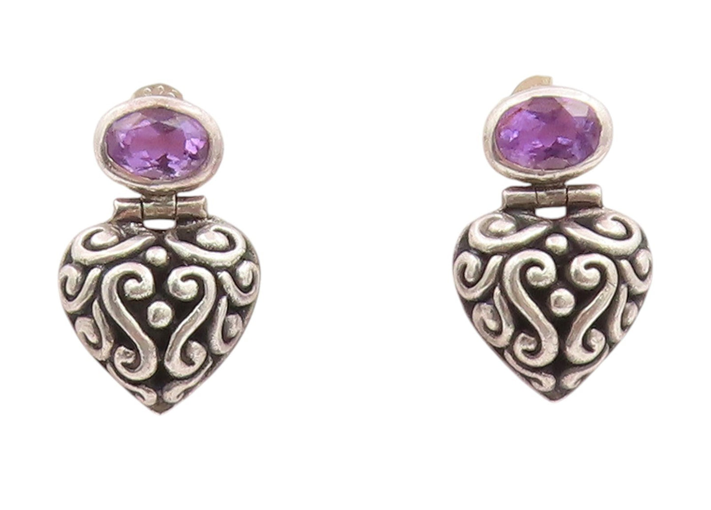 925 Sterling Silver Vintage Earrings JANICE GIRARDI Amethyst Love Heart  EG14030