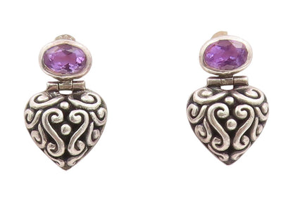925 Sterling Silver Vintage Earrings JANICE GIRARDI Amethyst Love Heart  EG14030