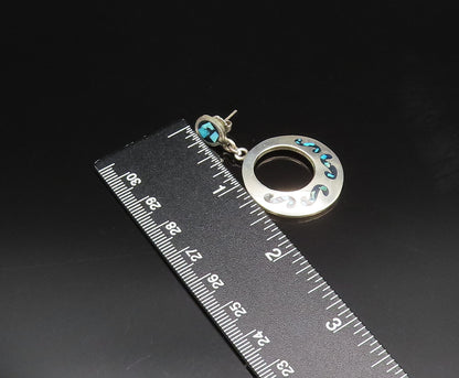 MEXICO 925 Sterling Silver Vintage Turquoise & Onyx Open Circle Earrings EG12250