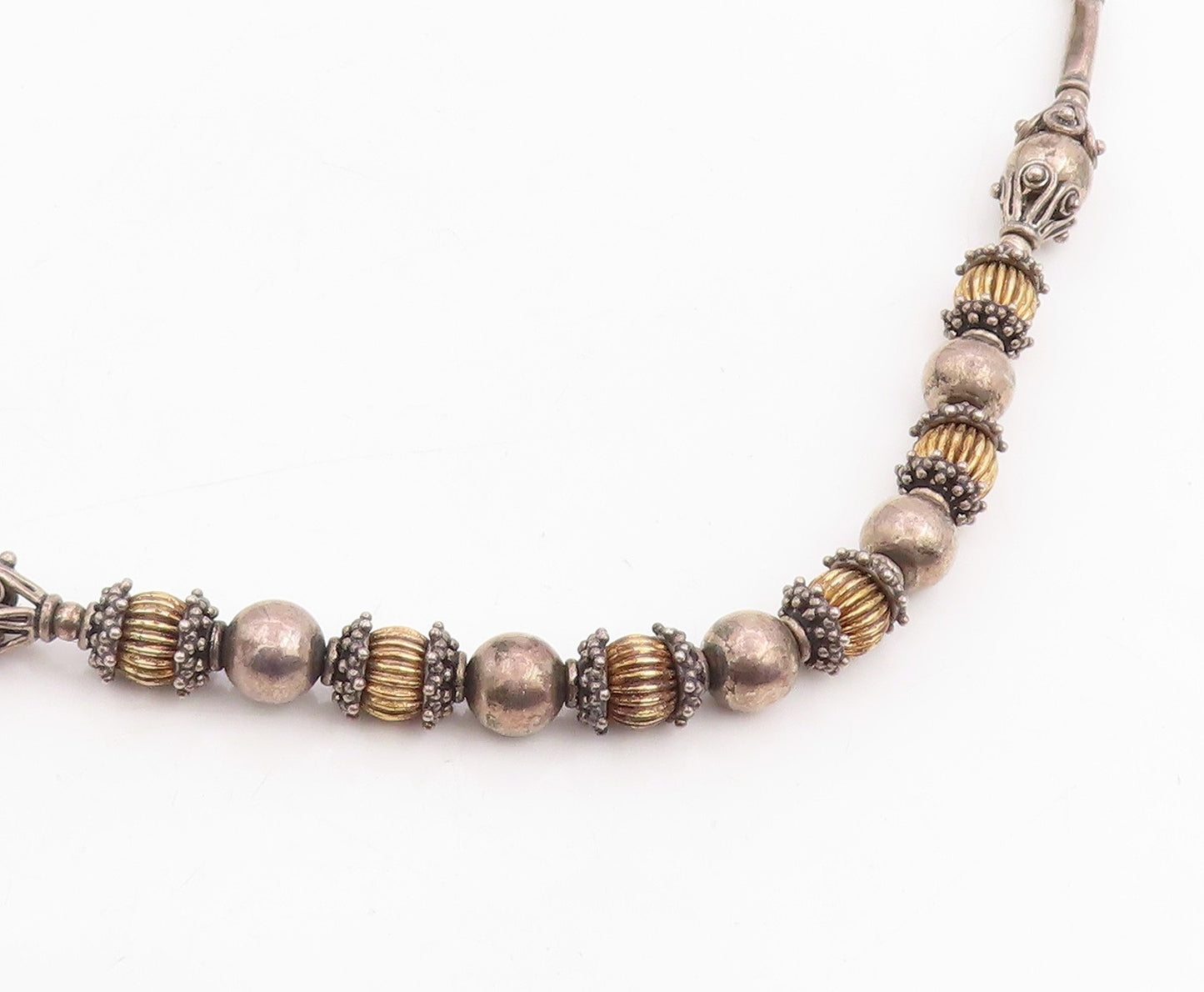 925 Sterling Silver Vintage Necklace Two Tone Bohemian Ethnic Bead Chain  NE4782