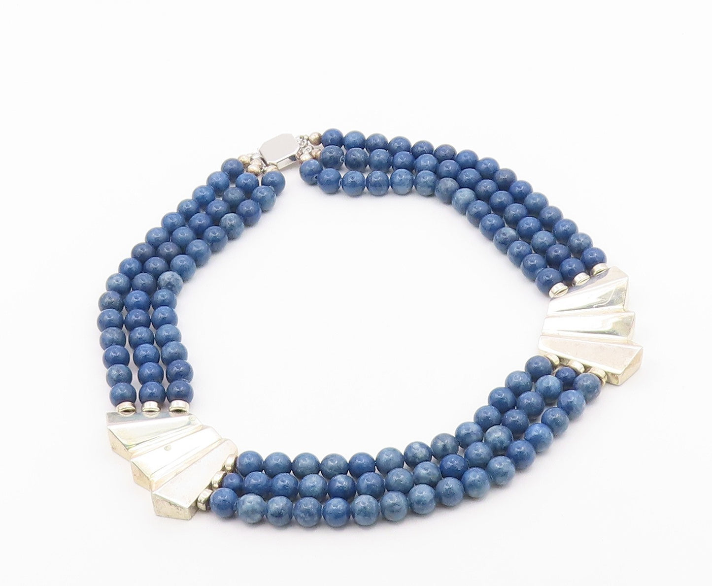 925 Sterling Silver Vintage Gemstone Beads Fluted Abstract Necklace  NE3971