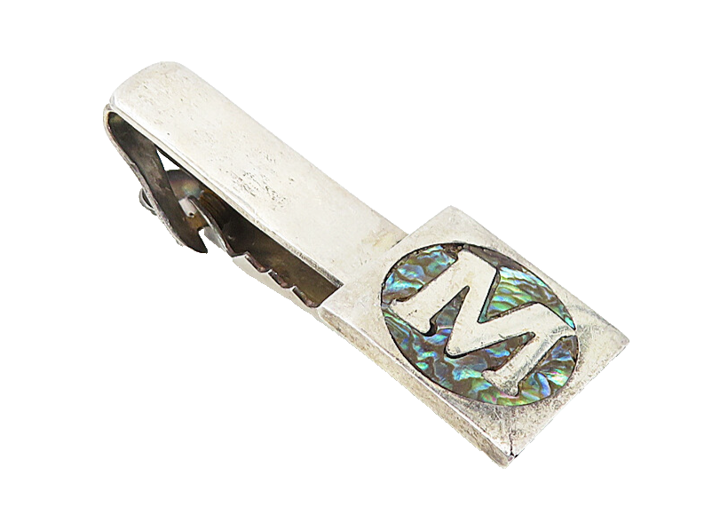 AA MEXICO 925 Silver Vintage Abalone Shell M Initial Square Tie Clip  TR1386