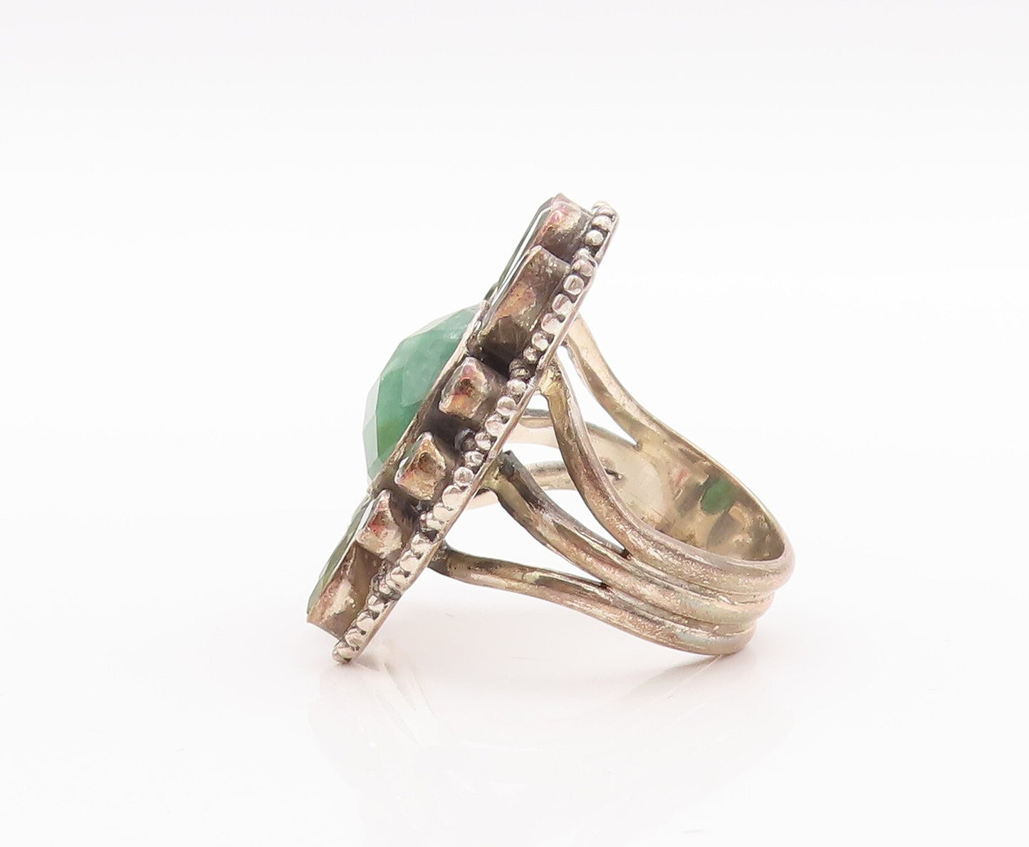 925 Sterling Silver Vintage Ring Peridot & Emerald Floral Inlay  Sz 8  RG29618