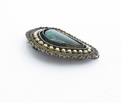 ISRAEL 925 Sterling Silver  Vintage Pearls & Eilat Stone Brooch Pin  BP2050