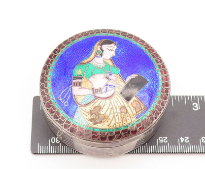 925 Silver  Vintage Enameled Indian Girl Writing Pill Box (OPENS)  TR3631
