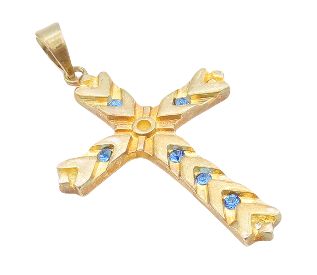 925 Sterling Silver Vintage Pendant Gold Plated CZ Inlay Carved Cross  PT23645