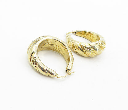 925 Sterling Silver  Shiny Gold Plated Hollow Textured Hoop Earrings  EG4160