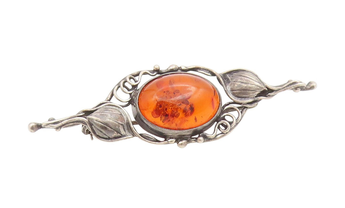 925 Sterling Silver Vintage Brooch Pin Cabochon Honey Amber Floral Leaf  BP12211