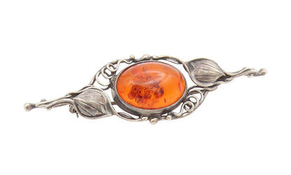 925 Sterling Silver Vintage Brooch Pin Cabochon Honey Amber Floral Leaf  BP12211