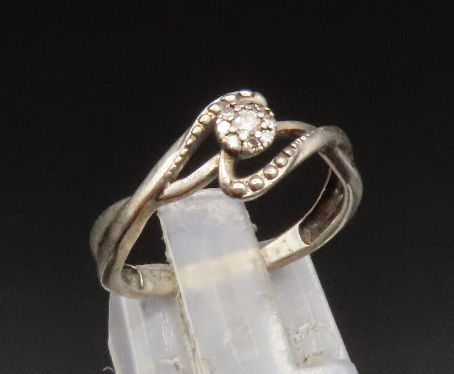 925 Silver  Vintage Dainty Genuine Diamonds Crisscross Swirl Ring Sz 6 RG25212