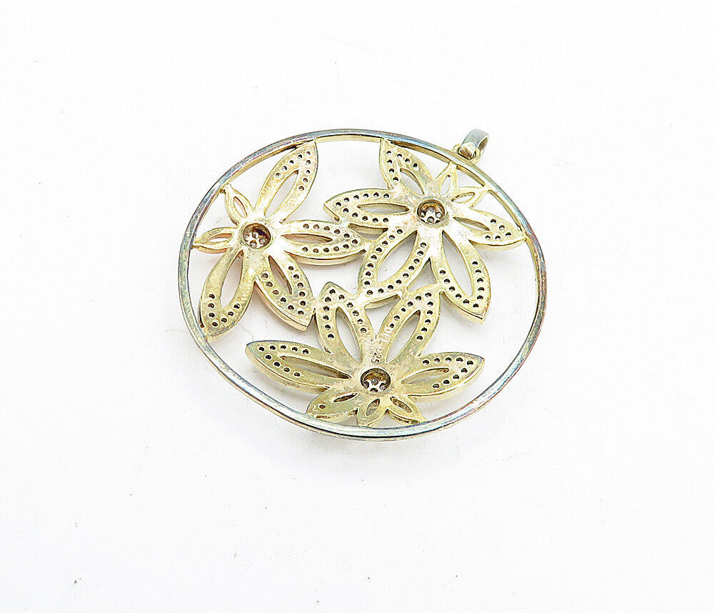 925 Sterling Silver  Topaz Three Tone Open Flowers Design Pendant  PT3804