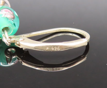 925 Silver  Vintage Beautiful Floral Bead Glass Art Dangle Earrings  EG12270