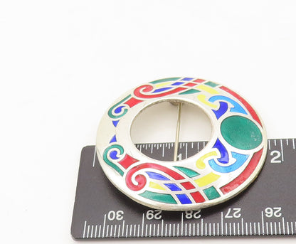 925 Sterling Silver Vintage Brooch Pin EUROPE Swirly Carved Enameled  BP10599