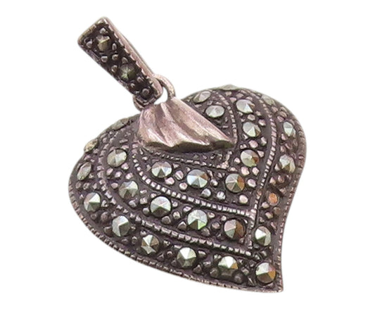925 Sterling Silver  Vintage Marcasite Dark Tone Love Heart Pendant  PT14360