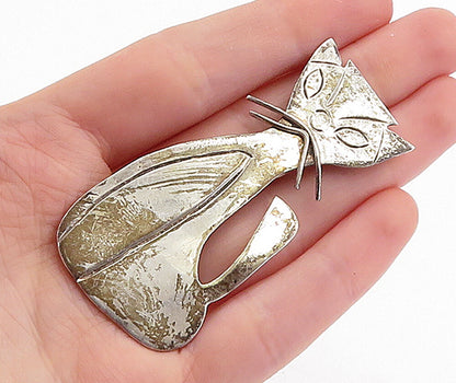 MEXICO 925 Sterling Silver  Vintage Etched Sitting Cat Motif Brooch Pin BP2158