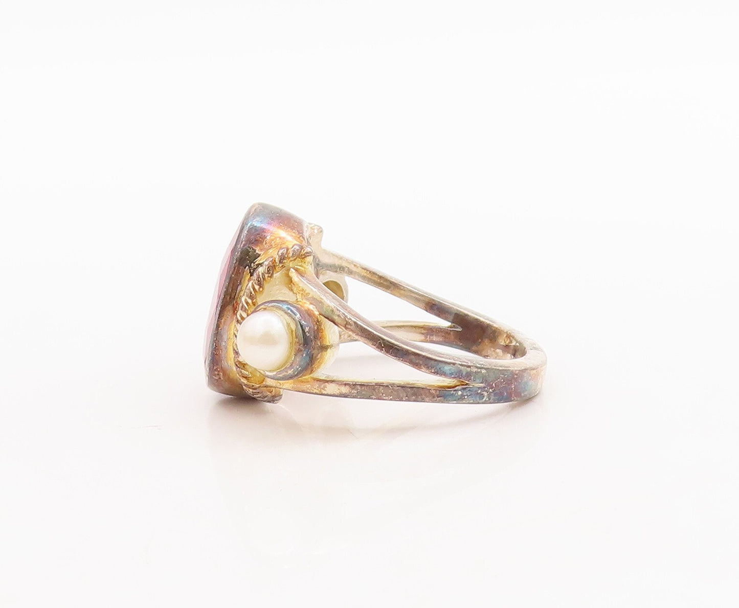 925 Sterling Silver Vintage Ring Gold Plated Oval Ruby & Pearls  Sz 6.5  RG29527