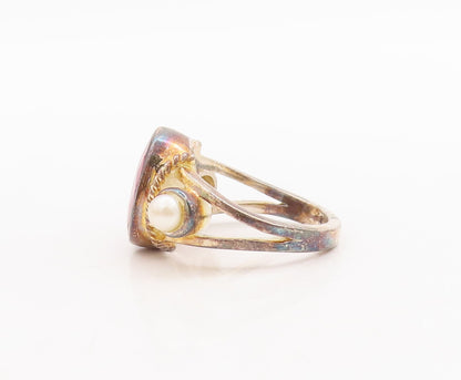 925 Sterling Silver Vintage Ring Gold Plated Oval Ruby & Pearls  Sz 6.5  RG29527