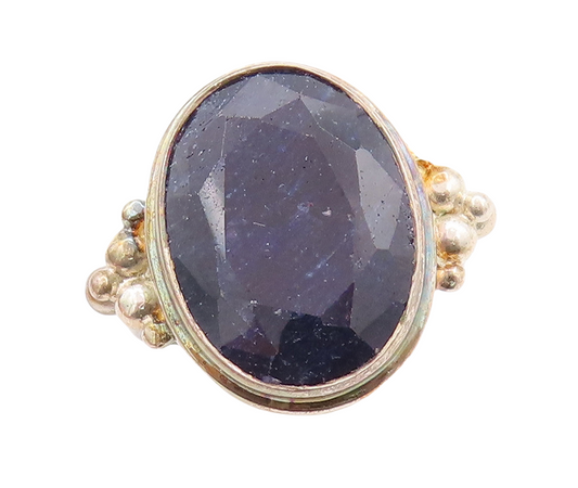 925 Sterling Silver Vintage Ring Beaded Oval Cut Blue Gemstone Sz 7  RG29700