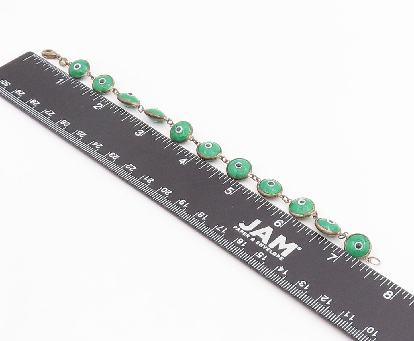 925 Sterling Silver Vintage Bracelet Green Evil Eye Design Link Chain  BT11556