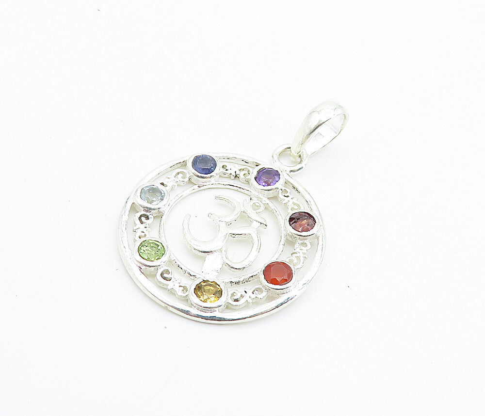 925 Sterling Silver  Topaz Tanzanite Peridot & Amethyst Om Pendant  PT5585