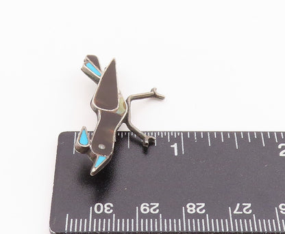 925 Sterling Silver Vintage Brooch NAVAJO ZUNI Onyx Larimar Running Bird BP11706