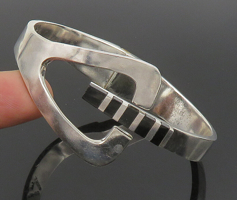 MEXICO 925 Sterling Silver  Vintage Black Onyx Striped Bangle Bracelet  BT1381