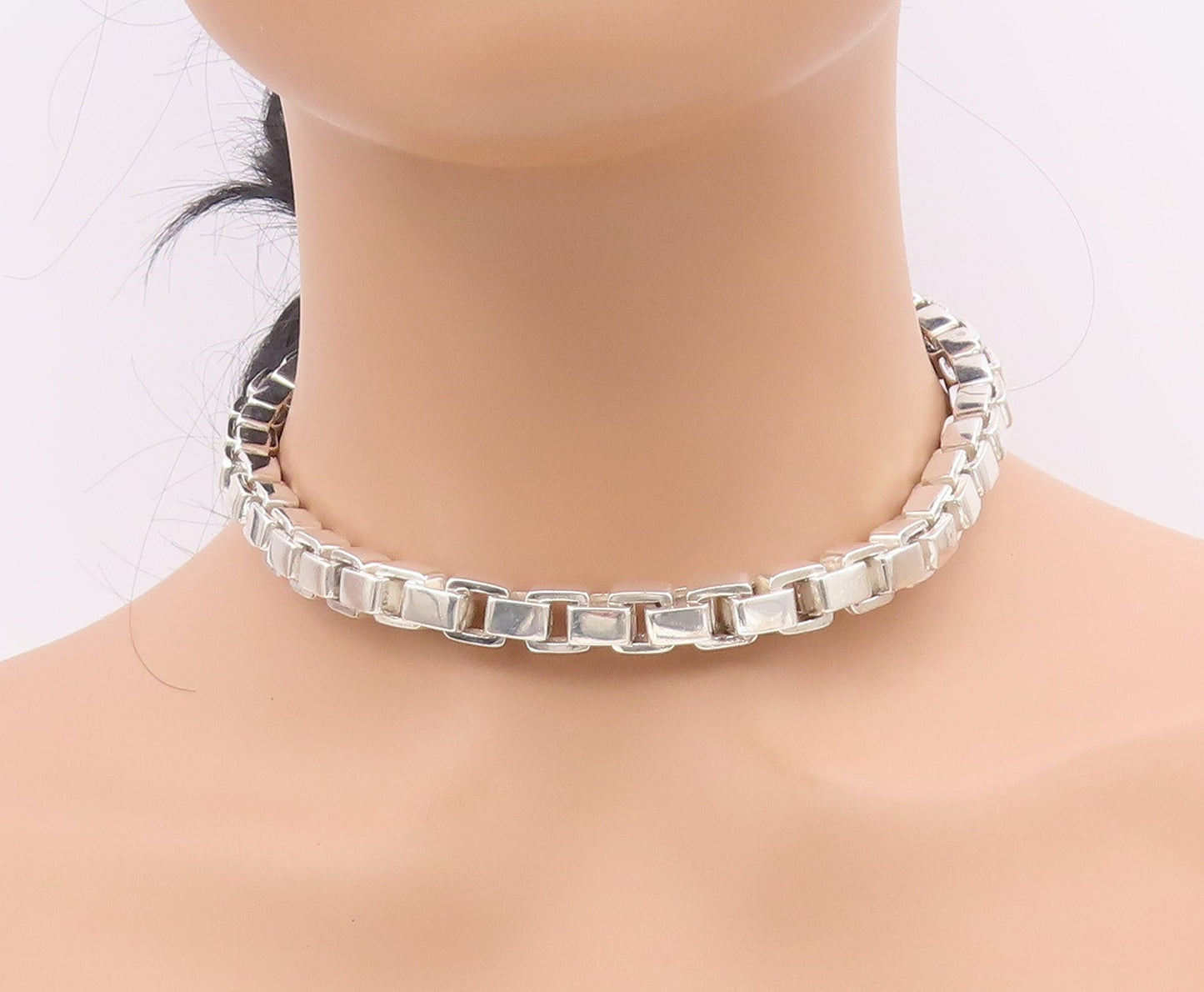 925 Sterling Silver Vintage Necklace Solid Geometric Venetian Box Chain  NE4692