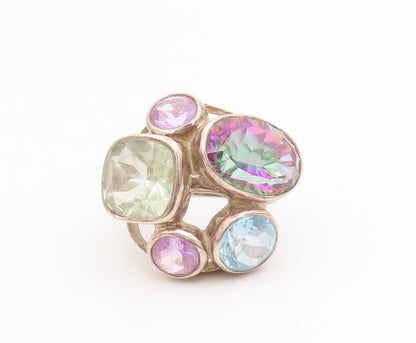 925 Sterling Silver Vintage Ring Bezel Set Multi Gemstone Cluster Sz 6.5 RG34926