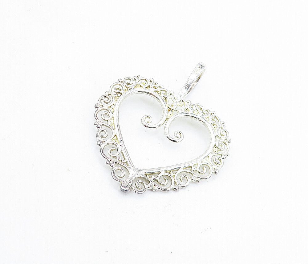925 Sterling Silver  Vintage Shiny Swirl Border Open Love Heart Pendant PT5240