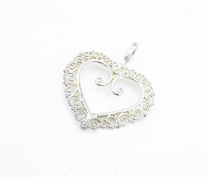 925 Sterling Silver  Vintage Shiny Swirl Border Open Love Heart Pendant PT5240