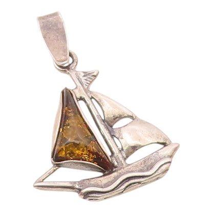 925 Sterling Silver  Vintage Baltic Amber Etched Sailboat Pendant  PT20174