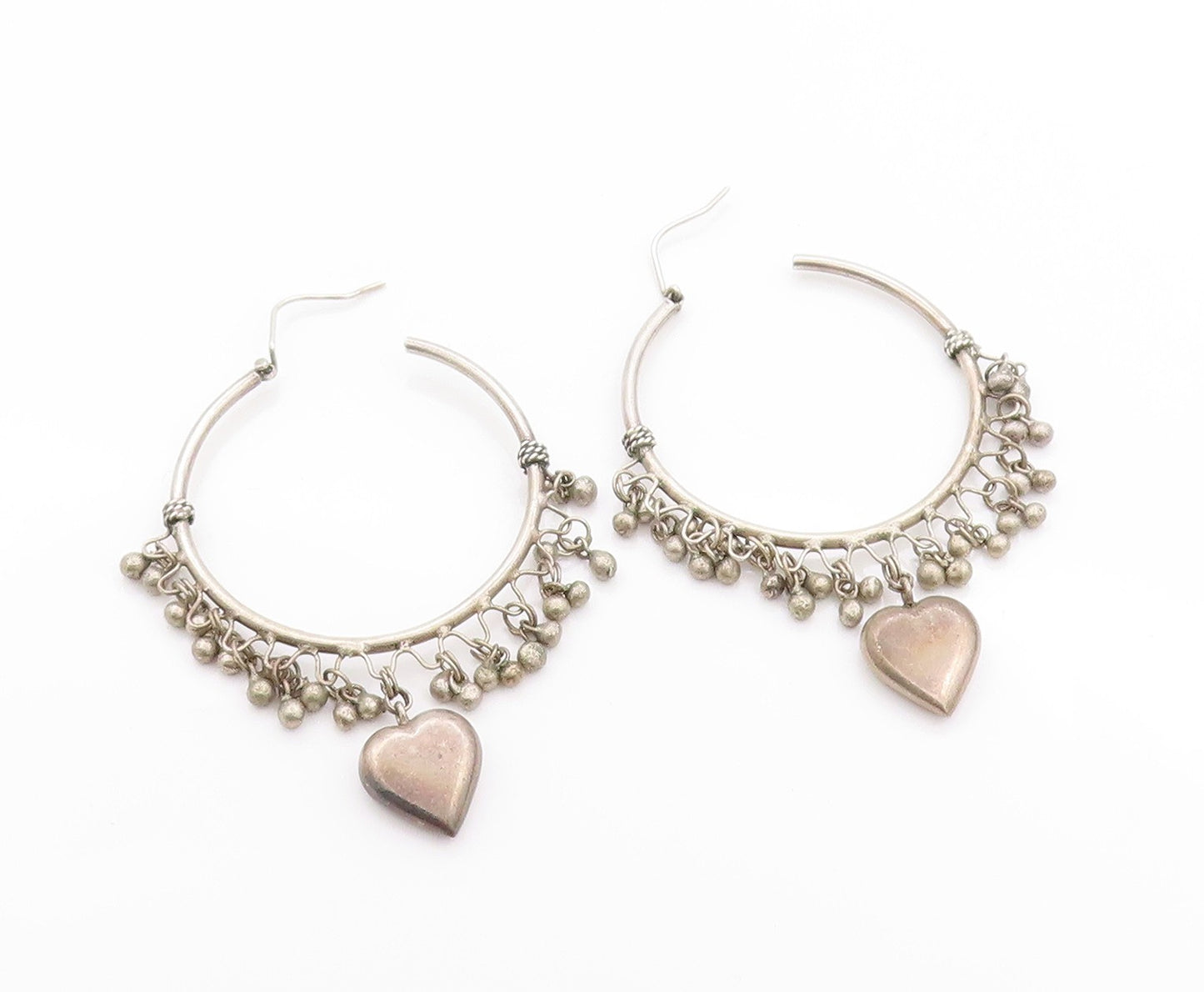 925 Sterling Silver Vintage Earrings Antique Dangling Beads & Heart Hoop EG13605