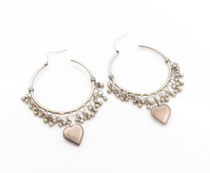 925 Sterling Silver Vintage Earrings Antique Dangling Beads & Heart Hoop EG13605
