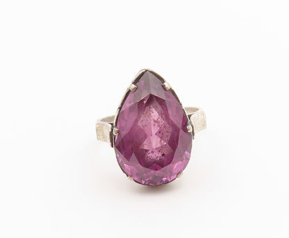 925 Sterling Silver Vintage Ring Pear Cut Amethyst Statement Band  Sz 7  RG36854