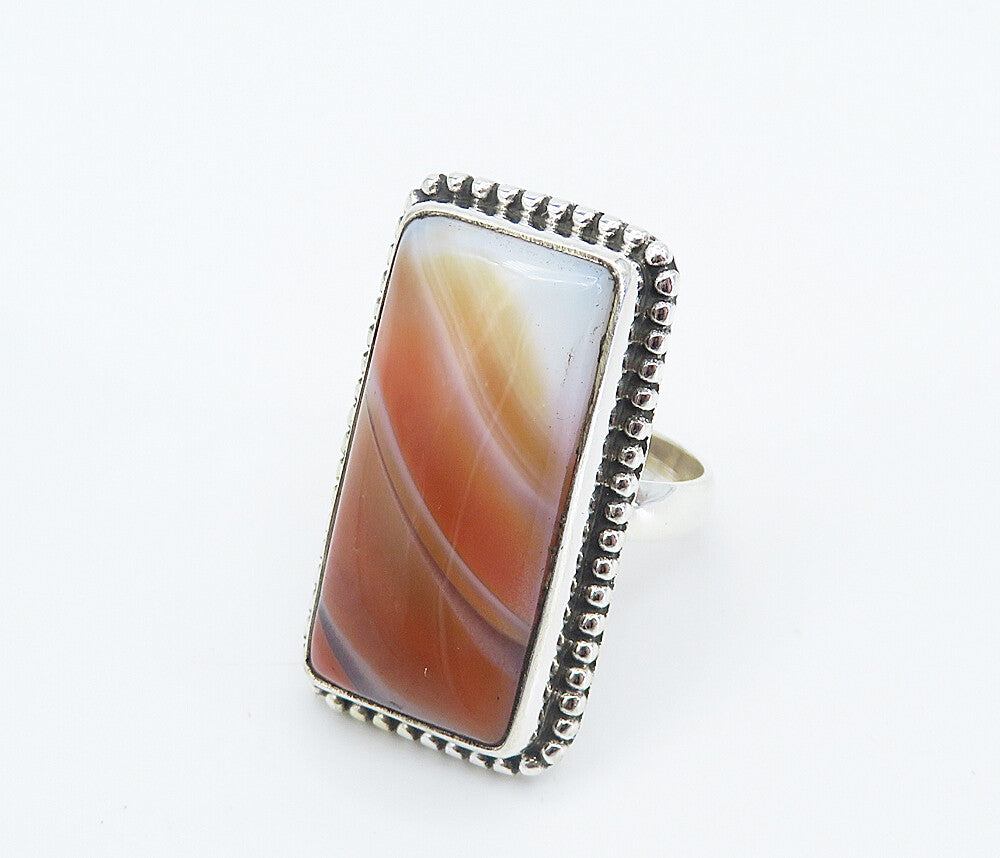 925 Sterling Silver  Orange Agate Fluted Square Cocktail Ring Sz 6  RG8344