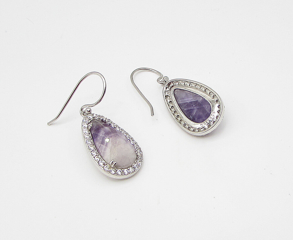 925 Sterling Silver  Blue Lace Agate & Cubic Zirconia Dangle Earrings  EG1460