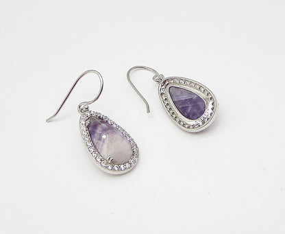 925 Sterling Silver  Blue Lace Agate & Cubic Zirconia Dangle Earrings  EG1460