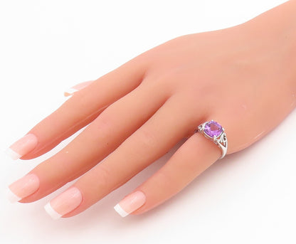 925 Sterling Silver Vintage Ring Square Shape Amethyst Floral Band Sz 5 RG33790